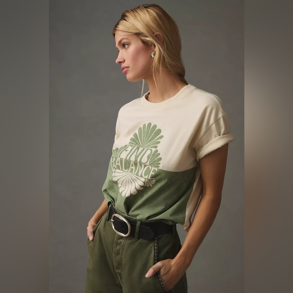 Anthropologie Kenzie Parrott Boxy Crop Women's Green Cream Find Balance Graphic